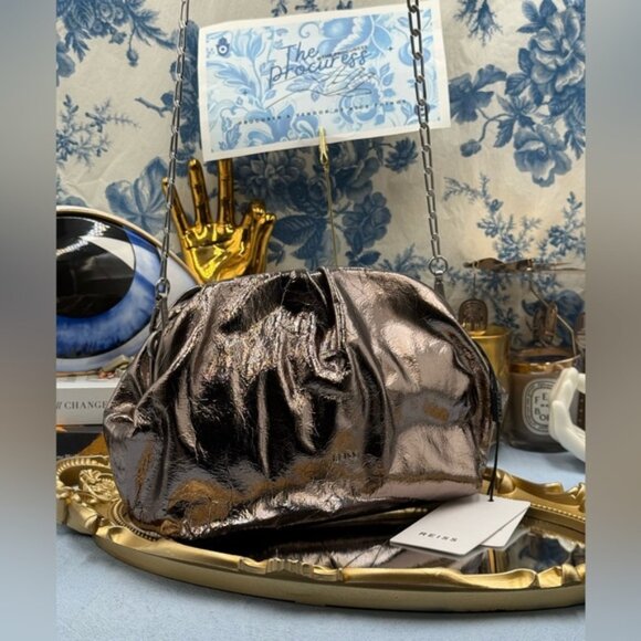 🆕 REISS 🧿 NWT Elena Metallic Grained Clutch, Convertible Shoulder Bag - Picture 3 of 13